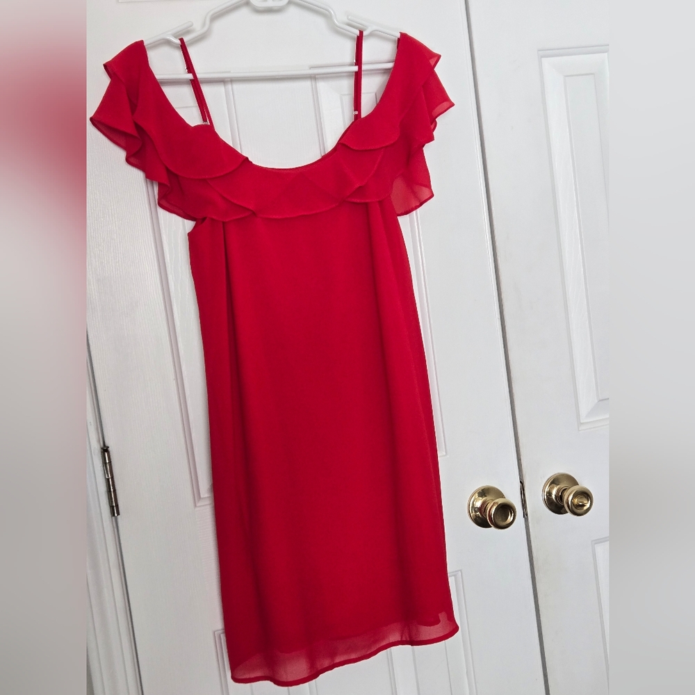 Your Story Red Ruffle Flutter Shoulder Mini Dress Flowy Size M